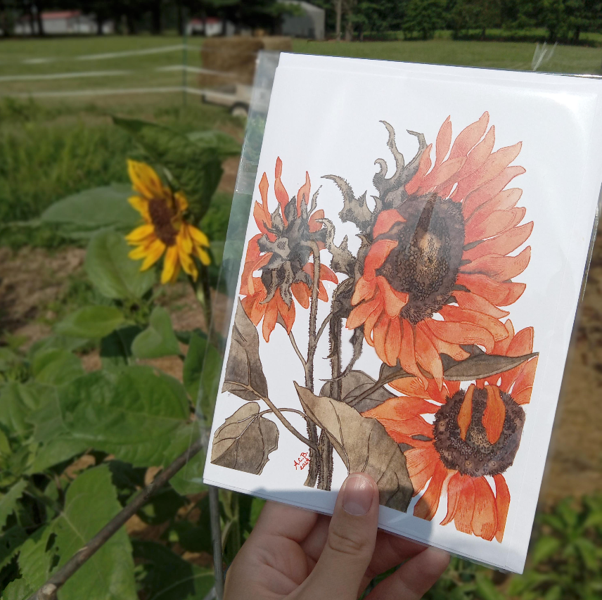 Garden Flowers Blank 5x7 Watercolor Card: Sunflowers in Two Tones