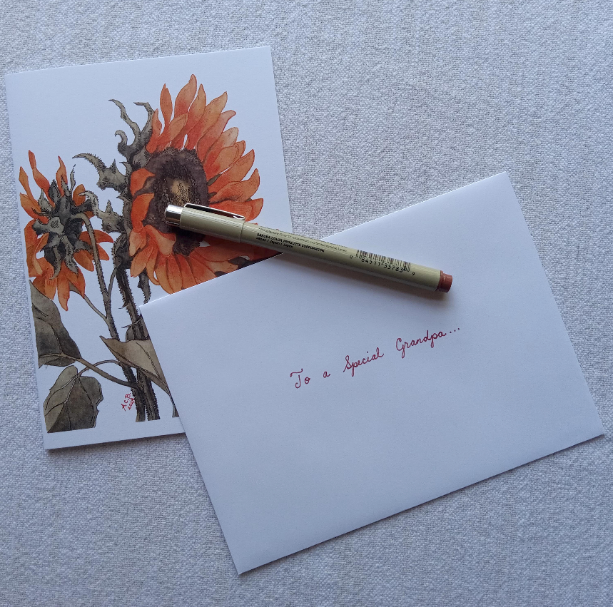 Garden Flowers Blank 5x7 Watercolor Card: Sunflowers in Two Tones