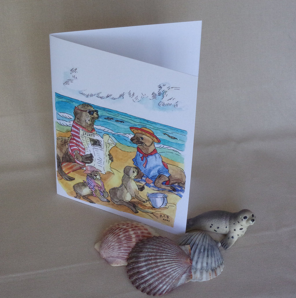 Whimsical Animals 4x5 Blank Watercolor Card: Seal Beach