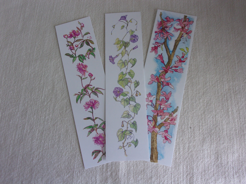 Garden Flowers Watercolor 2x8 Bookmarks Set of 3: Peony, Redbud, Morning Glory