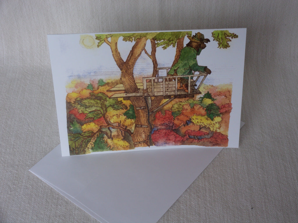 Whimsical Animals Autumn Bear 5x7 Blank Watercolor Card: Tree Stand