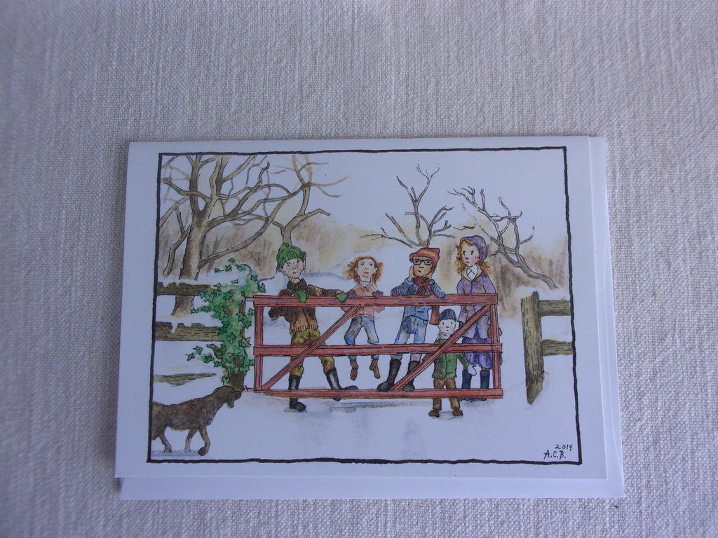 Vintage Children in the Snow 5x7 Blank Watercolor Card: Winter Afternoon