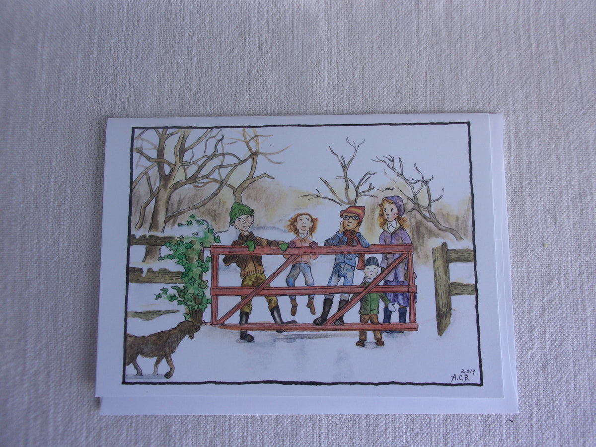 Vintage Children in the Snow 5x7 Blank Watercolor Card: Winter Afternoon