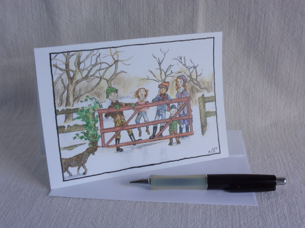 Vintage Children in the Snow 5x7 Blank Watercolor Card: Winter Afternoon