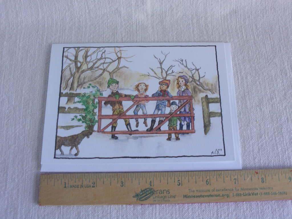 Vintage Children in the Snow 5x7 Blank Watercolor Card: Winter Afternoon