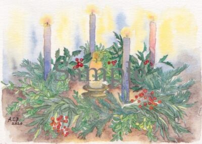 Christmas watercolor 5x7 card. Drawing of Advent Wreath with 3 purple and one pink candle, evergreens and holly. Vintage-inspired picture with soft lights and shadows.