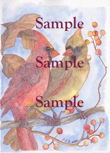 A cardinal bird couple card with the pair sitting on a limb surrounded by red and yellow berries and fall leaves. The cardinals have realistically textured feathers and are looking into each others' eyes.