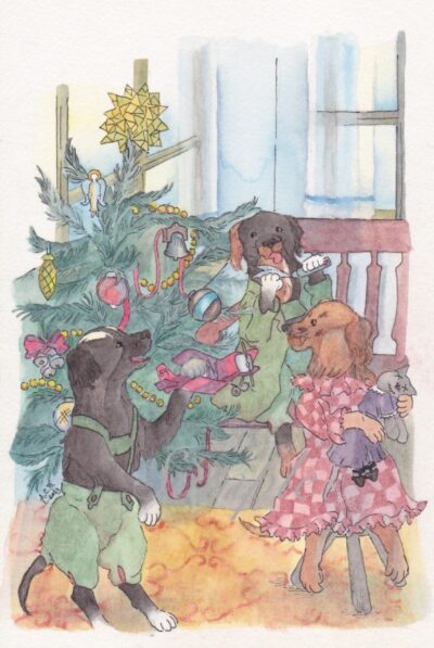 Christmas card with decorated tree and puppies in clothes opening presents.