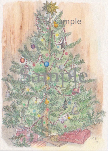 Christmas tree watercolor card against a knotty pine backdrop, with glass ornaments, subtly-wrapped presents, colored lights, and a gold-painted wooden star.