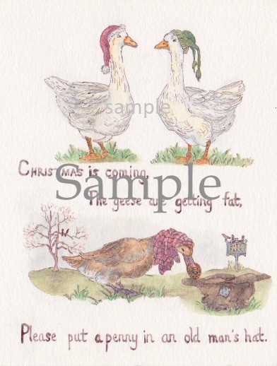 Goose Christmas watercolor card. The vintage-style English watercolor drawing shows two geese in ski hats and a duck putting a penny in a hat. "Christmas is coming, the geese are getting fat, please put a penny in an old man's hat."