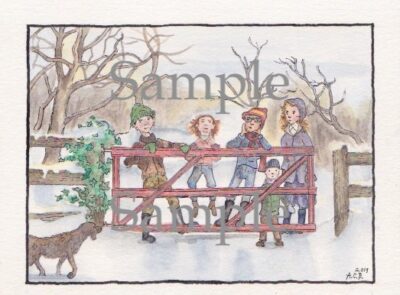 Children playing in the snow in this soft, friendly ink and watercolor scene. There are five children ten and under including a toddler. They are tired and hanging off a rusted farm gate. A friendly dog appears in the foreground. In the background are woods.